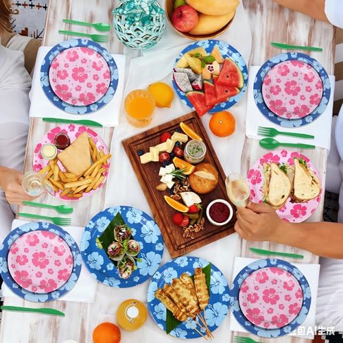 Kochorie 175 Pieces Hawaiian Cartoon Party Supplies Tropical Hawaii Hibiscus Floral Tableware Set 7 Inch & 9 Inch Paper Plates Napkins Cups Cutlery for Birthday Blue Cartoon Party, Serve 25 Guests - Image 5