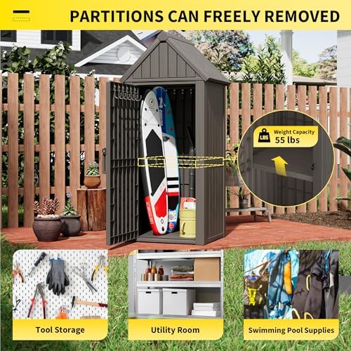 Fancyango Outdoor Resin Storage Cabinet Sturdy All-Weather Shed with Removable Shelves Lock Ring & Reinforced Floor – for Garden Patio Lawn (Grey) - Image 4