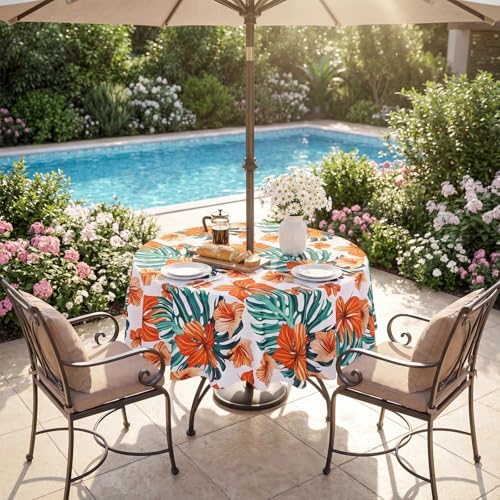 SquarePie Round Outdoor Talecloth with Umbrella Hole and Zipper 60 Inch,Water Resistant SpillProof Patio Table Cloth Cover for Spring Summer Camping Garden Poolside Picnic,Palm Leaf Orange Flower - Image 7