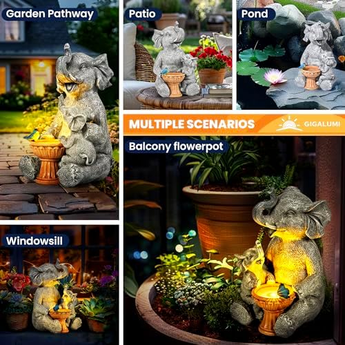 GIGALUMI Solar Garden Statues Bird Bath Elephant 9", Loving Elephant Decor, Yard Decorations Outdoor, Elephant Figurine Lights for Outside, Garden Decor Unique Housewarming Gifts for Women, Mom - Image 5