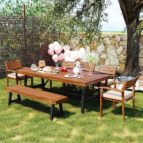 6-Pcs Outdoor Patio Dining Table & Chair & Bench Set for 6, Wooden Outdoor Dining Table Set with Removable Cushion, 6-Pcs, Wood - Image 4
