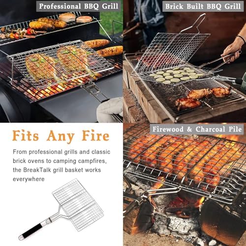 Fish Grill Basket, Lockable BBQ Grilling Basket with Basting Brush - Image 3