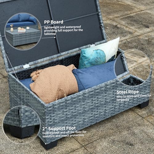 Outdoor Storage Table Wicker Patio Coffee Table All-Weather Rattan Side Table with Waterproof Cover, Grey - Image 6