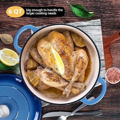 E-far 6 Quart Enameled Cast Iron Dutch Oven with Lid, Round Dutch Oven Pot Nonstick Cookware for Braising, Stews, Roasting, Bread Baking, Cooking, Heavy Duty, Induction & Oven Safe - Blue - Image 6