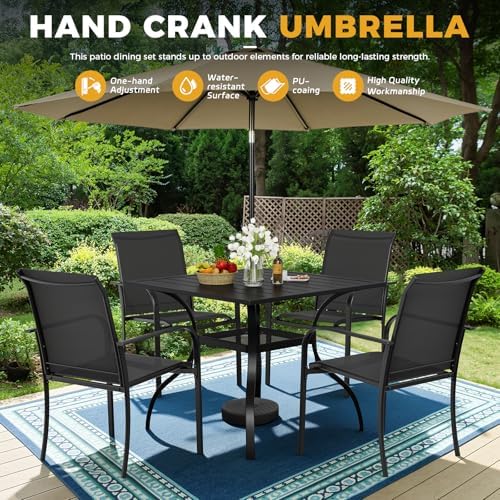 Incbruce 6 Pcs Patio Dining Set, Textilene Chairs and Square Table with Brown Umbrella (Black) - Image 7