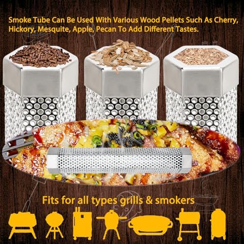 2 Pack 12" Smoker Tube, Pellet Smoker Tube Stainless Steel for BBQ Grill - 5 Hours Billowing Smoke for Hot/Cold Smoking Cheese, Meat, Fish, Hexagon Design, Includes Hooks, Basting & Cleaning Brushes - Image 5