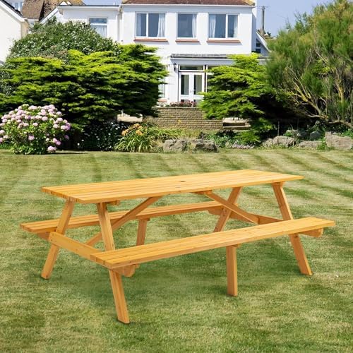 75'' Rectangular Outdoor Dining Table Wooden Patio Dining Table & 2 Built-in Bench for 8, 2" Umbrella Hole, Suitable for Backyard Garden Porch, Natural by JJKFurniture-kevinplus