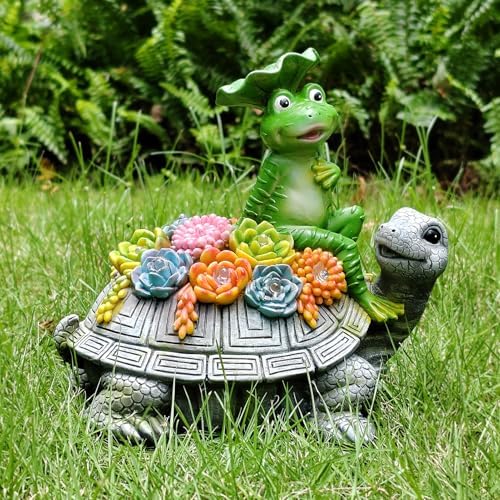 Solar Garden Outdoor Statues Turtle& Frog with Succulent and 8 LED Lights - Image 6