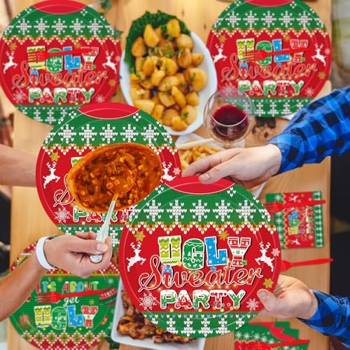 96Pcs Ugly Sweater Paper Plates Napkins Set for 24 Guests - Image 6