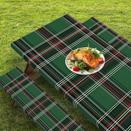 CAPSCEOLL Picnic Table Cover with Bench Covers 6ft - Green Buffalo Plaid - Image 6