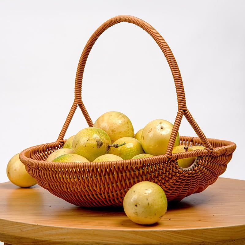 Plastic Imitation Rattan Woven Hand Basket Outdoor Picnic Picking Vegetables and Fruits Kitchen Living Room Egg Snack Basket (Yellow2,33.5x27.5cm) - Image 4