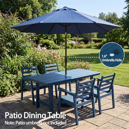 7-Piece Outdoor Dining Set, All-Weather HDPE Patio Furniture, 66.5" Slatted Table with 1.6" Umbrella Hole & 6 Ergonomic Armchairs, Heavy Duty 350lbs Capacity, UV Resistant, Blue - Image 5
