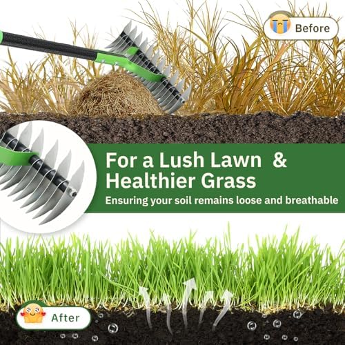 Thatch Rake, 13" Wide Efficient Dethatcher Rake with 70" Adjustable Long Handle, Heavy Duty Steel Metal Dethatching Rakes for Cleaning Dead Grass, Loosening Soil, Lawn Care in Yard Garden - Image 3