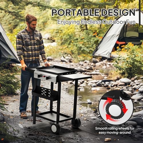 ROVSUN 2 Burner Portable Propane Griddle with Electronic Ignition, 20000 BTU Rolling Flat Top Gas Grill with Nonstick Enameled Tray, Side Shelves & Regulator for Outdoor Cooking Camping BBQ Tailgating - Image 5