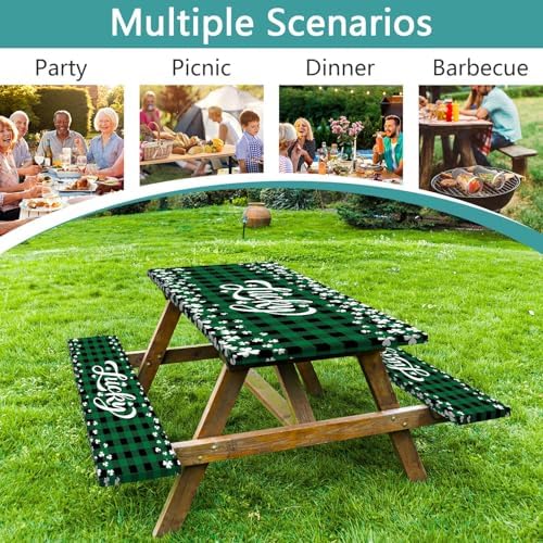 St. Patrick's Day Picnic Table Cover with Bench Covers, Camping Essentials, Buffalo Plaid Shamrock Lucky Outdoor Table Covers, Waterproof, Fitted Tablecloth Cover with Elastic Edge, 3 PCS, 30x60 Inch - Image 4