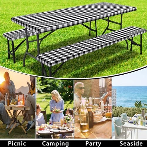 Picnic Table Cover with Bench Covers, Black and White Checkered Waterproof and Windproof, Fitted Tablecloth Cover with Elastic Edge, for Outdoor, Garden, Camping, 3 Pieces Set, 30x96 Inch - Image 5