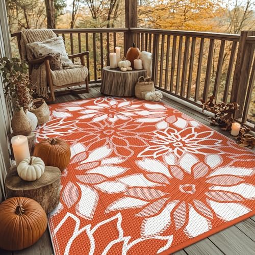 GENIMO Outdoor Rug Waterproof for Patio Decor, 6' x 9' Reversible Plastic Straw Floral Camping Carpet, Large Area Rugs Mats for RV, Camper, Deck, Balcony, Porch, Beach, Picnic, Orange & White by GENIMO