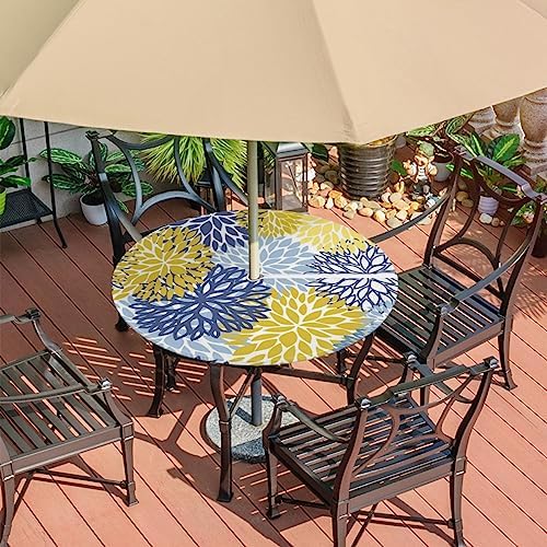 Fitted Round Tablecloth with Umbrella Hole and Zipper Spring Floral Outdoor Elastic Table Cloth 45"-56" Oil-Proof Waterproof Yellow Navy Chrysanthemum Patio Table Cover for Picnic Party - Image 7