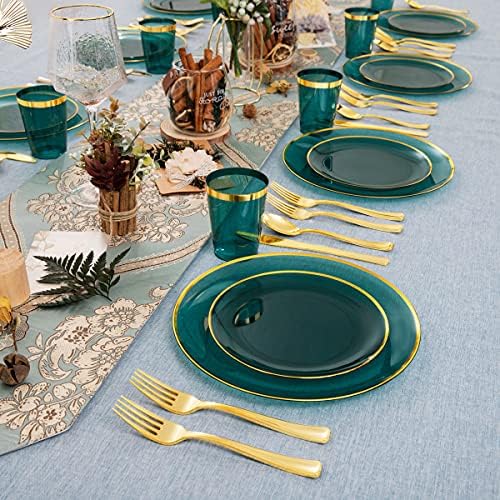 LIYH 180 Pcs Clear and Green Gold Plastic Christmas Plates - Emerald Green Disposable Plastic Dinnerware Sets, Include Dishes, Tableware, Cups for Party & Christmas & Wedding 30 Guests - Image 6
