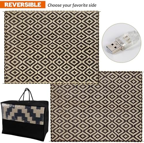 SAND MINE Reversible Mats with Led Strip Lights, Plastic Straw Rug, Modern Area Rug, Large Floor Mat for Outdoors, Patio, Backyard, Deck, Picnic, Camping, Black & Beige, 8' x 10' - Image 3