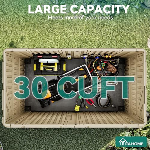 YITAHOME 30 cuft Outdoor Storage Shed w/o Shelf, Horizontal Storage Cabinet for Garden Tool, Waterproof Storage Shed Plastic for Garage, Resin Pool Storage, Easy to Assemble, Khaki & Brown - Image 2