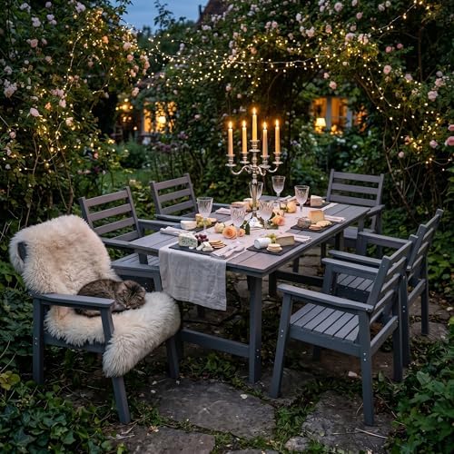 7-Piece Outdoor Dining Set, All-Weather HDPE Patio Furniture, 66.5" Slatted Table with 1.6" Umbrella Hole & 6 Ergonomic Armchairs, Heavy Duty 350lbs Capacity, UV Resistant, Gray - Image 2