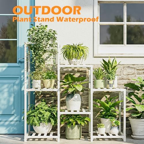 Bamworld Indoor Plant Stand Outdoor White Shelf Bamboo Plant Table for Multiple Plants 3 Tiers 7 Pots Ladder Holder Pot Window Garden Balcony Living Room - Image 2