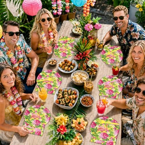 96PCS Hawaiian Luau Party Paper Plates and Napkins Hawaiian Party Supplies Summer Hibiscus Plates Tropical Aloha Palm Leaves Disposable Tableware Set for Beach Pool Birthday Baby Shower Decorations - Image 4