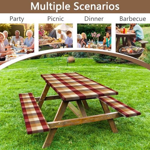 Checkered Style Picnic Table Cover with Bench Covers, Camping Essentials, Plaid Waterproof Windproof, Fitted Tablecloth Cover with Elastic Edge, for Indoor, Outdoor, 3 PCS, 30x96 Inch - Image 3