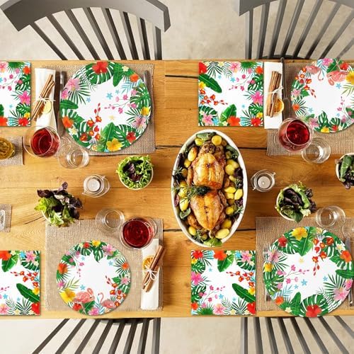 96 Pieces Hawaiian Luau Party Tableware Set – Tropical Flamingo Disposable Plates, Napkins and Forks with Hibiscus Floral Design for Summer Birthday, Pool Party, Beach Party and Aloha Party Supplies - Image 5