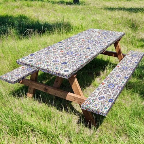 Picnic Table Cover with Bench Covers, Camping Essentials, Buffalo Plaid Waterproof Windproof Camping Tablecloth, Fitted Tablecloth Cover with Elastic Edge, for Garden & Outdoor, 3 PCS, 30x72 Inch - Image 2