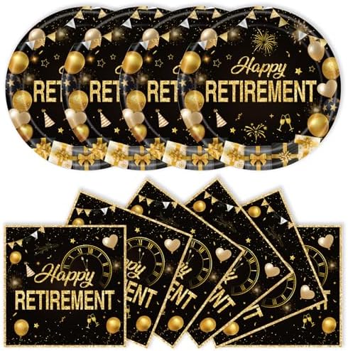 40Pcs Retirement Paper Plates and Napkins Party Supplies, Disposable Happy Retirement Decorations Party Plates Napkins Black Gold Tableware Set for Men Women by Unknown