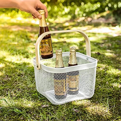 Mesh Steel Storage Organizer Basket Fruit Basket Bin with Wood Handle Ideal for Kitchen Bathroom Picnic Baskets Pantry Cabinets Storage Home Decor (White) - Image 6