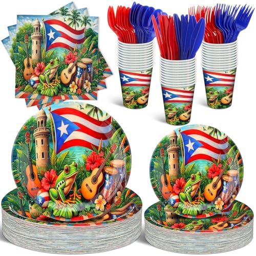 FoldTier 350 Pcs Puerto Rico Party Supplies Disposable Paper Plates Napkins Cups Puerto Rico Theme Birthday Party Decorations Tableware Flag Frog for Holiday Festival Family Friends Serve 50 Guests by FoldTier