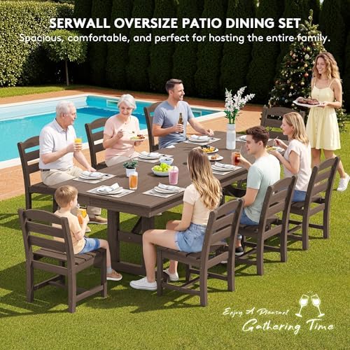 SERWALL 9Pcs 84" HDPE Outdoor Dining Set for 8 with Armless Chairs,Brown - Image 6