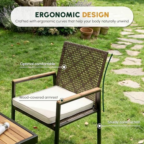 5-Piece Patio Dining Set for 4, Outdoor Dining Set with 4 Wicker Patio Dining Chairs with Cushions & Acacia Wood Square Dining Table with 1.75" Market Umbrella Hole, Brown & White - Image 5