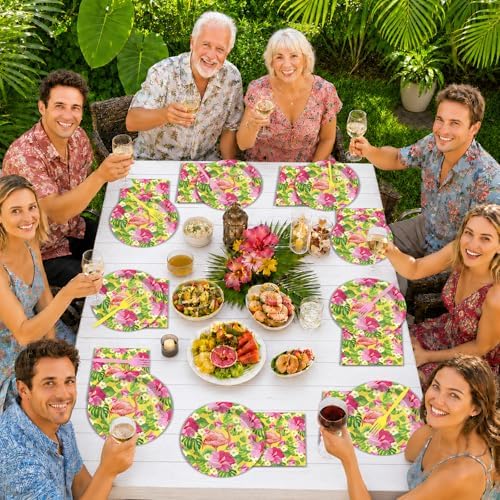 96PCS Hawaiian Luau Party Paper Plates and Napkins Hawaiian Party Supplies Summer Hibiscus Plates Tropical Aloha Palm Leaves Disposable Tableware Set for Beach Pool Birthday Baby Shower Decorations - Image 6