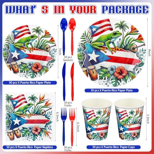 FoldTier 560 Pcs Puerto Rico Party Supplies Disposable Paper Plates Napkins Cups Puerto Rico Theme Birthday Party Decorations Tableware Flag Frog for Holiday Festival Family Serve 80 Guests - Image 3