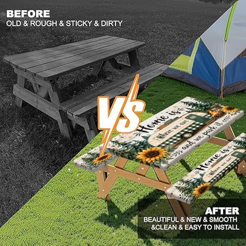Picnic Table Cover with Bench Covers Camping Essentials Green Checkered RV Forest Sunflower Wooden Outdoor Table Covers with Elastic Waterproof Camping Tablecloth for Indoor & Outdoor 3 PCS 30x96 Inch - Image 4