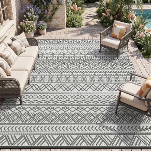MontVoo Outdoor Rug Carpet Waterproof 9x12 Outdoor Patio Rug Mat Reverisble Plastic Straw Outdoor Rug for RV Camping Picnic Beach Balcony Boho Grey Large by MontVoo