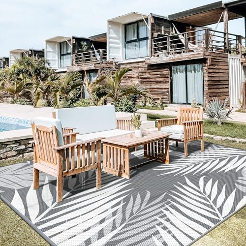 GENIMO Outdoor Rug, Waterproof Plastic Rugs for Patio, 10'x10' Grey White - Image 4