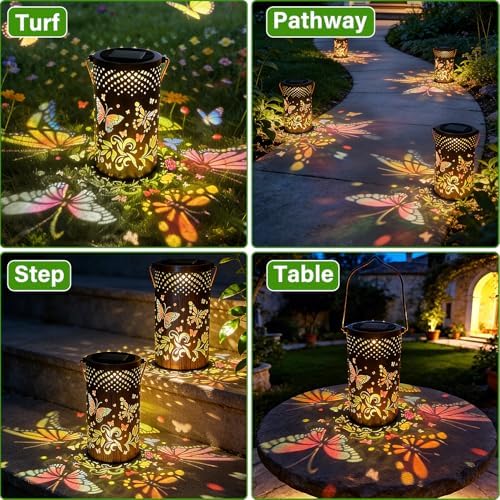 Colorful Solar Lanterns Outdoor Waterproof, Garden Decor LED Butterfly Solar Lights Gifts for Women Mom Sister Grandma, Metal Hanging Lantern for Outside Table Tree Garden Patio Yard Lawn Porch Decor - Image 5