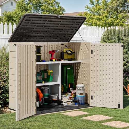 YITAHOME 30 CuFt Outdoor Storage Shed with Shelf, Horizontal Storage Cabinet for Garden Tool, Waterproof Outdoor Storage Shed for Garage, Resin Pool Storage, Easy to Assemble, Khaki & Brown by YITAHOME