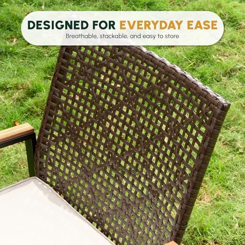 5-Piece Patio Dining Set for 4, Outdoor Dining Set with 4 Wicker Patio Dining Chairs with Cushions & Acacia Wood Square Dining Table with 1.75" Market Umbrella Hole, Brown & White - Image 4