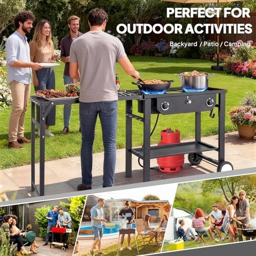 Bonnlo 2 Burner Propane Gas Stove with Work Station & Auto Ignition, 150,000 BTU Portable Camping Stove with Wheels & Regulator, Outdoor Propane Stove for Backyard Patio Cooking BBQ - Image 7