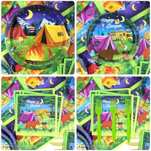 Camping Party Supplies - Camping Party Tableware - Dinner Plates, Dessert Plates, Napkins, Forks for Boy Camper Campfire Forest Picnic Adventure Party Supplies, Serves 25 - Image 4