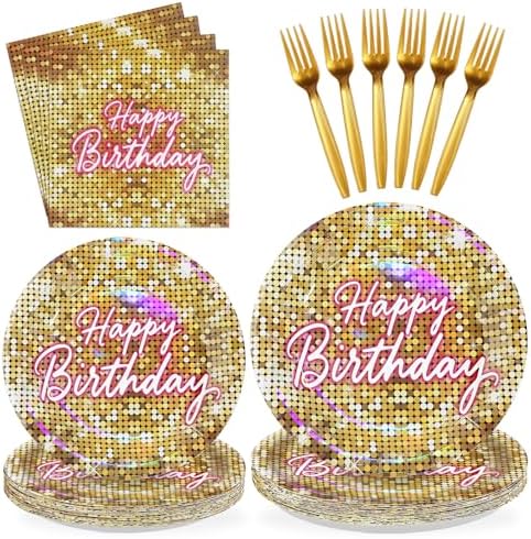 96 Pcs Gold Disco Birthday Party Decorations for Women Girls, Serves 24 by Greencian