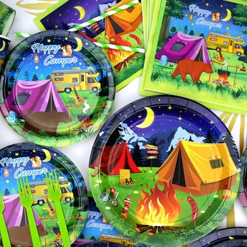 Camping Party Supplies - Camping Party Tableware - Dinner Plates, Dessert Plates, Napkins, Forks for Boy Camper Campfire Forest Picnic Adventure Party Supplies, Serves 25 - Image 5