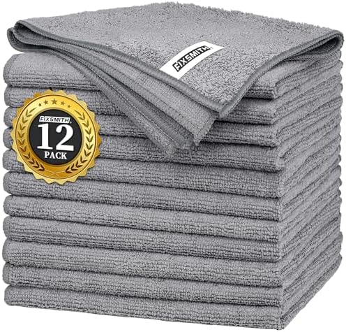 FIXSMITH Grey Microfiber Cleaning Cloth -Pack of 12, Highly Absorbent Cleaning Rags, 16"X12" All Purpose Cleaning Towels for Housekeeping, Kitchen, Car, Lint Free and Reusable Microfiber Towels by FIXSMITH