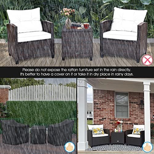 Tangkula 3 Pieces Patio Furniture Set, PE Rattan Wicker 3 Pcs Outdoor Sofa Set w/Washable Cushion and Tempered Glass Tabletop, Conversation Furniture for Garden Poolside Balcony (Turquoise) - Image 6